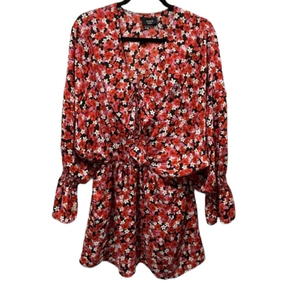 VICI Floral Long Sleeved Ruffle Spring Mini Dress w Red, White & Pink Flowers S - Picture 2 of 9